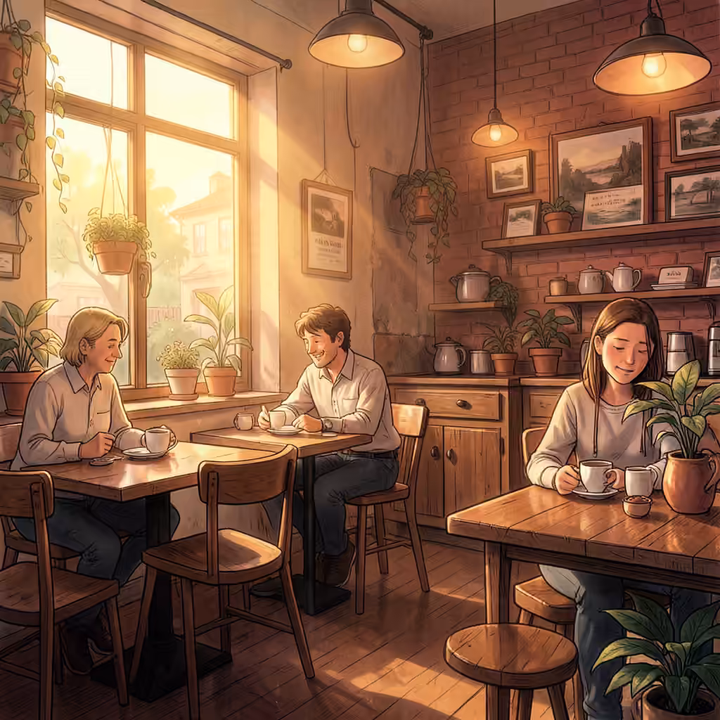 Cafeteria ilustrada com luz do fim da tarde, mesas e pessoas tomando café