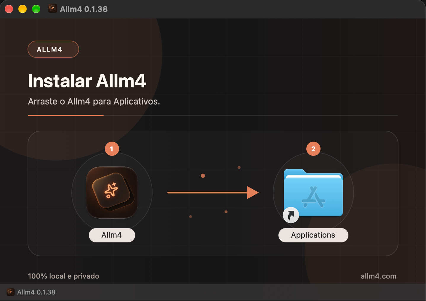 Instalador do Allm4 no macOS com uma seta do aplicativo Allm4 para a pasta Aplicativos