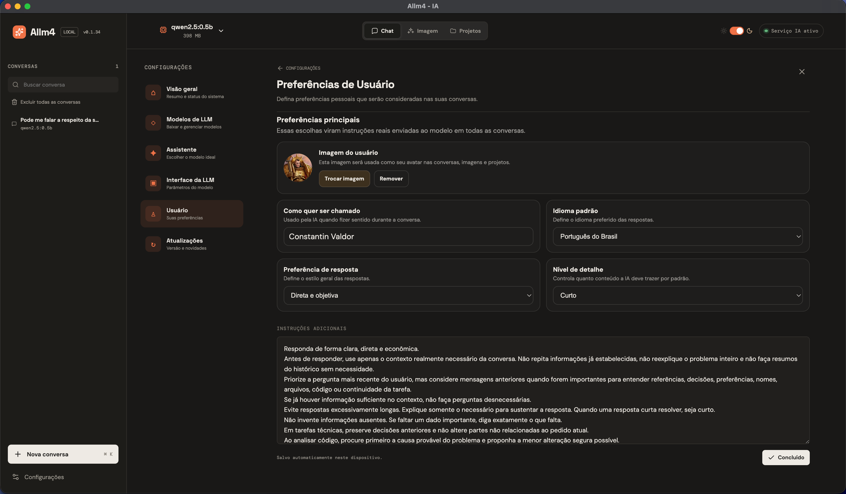 Tela real do Allm4 para personalizar nome, idioma e estilo das respostas