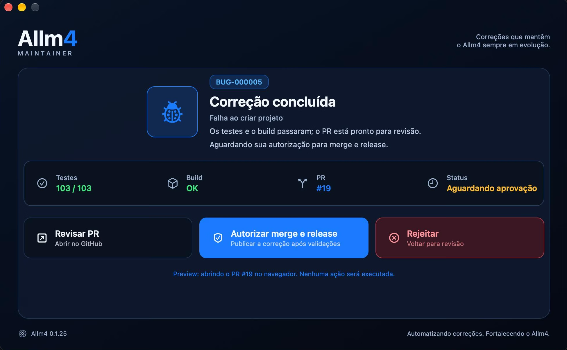Janela do Allm4 Maintainer mostrando uma correção concluída e aguardando autorização