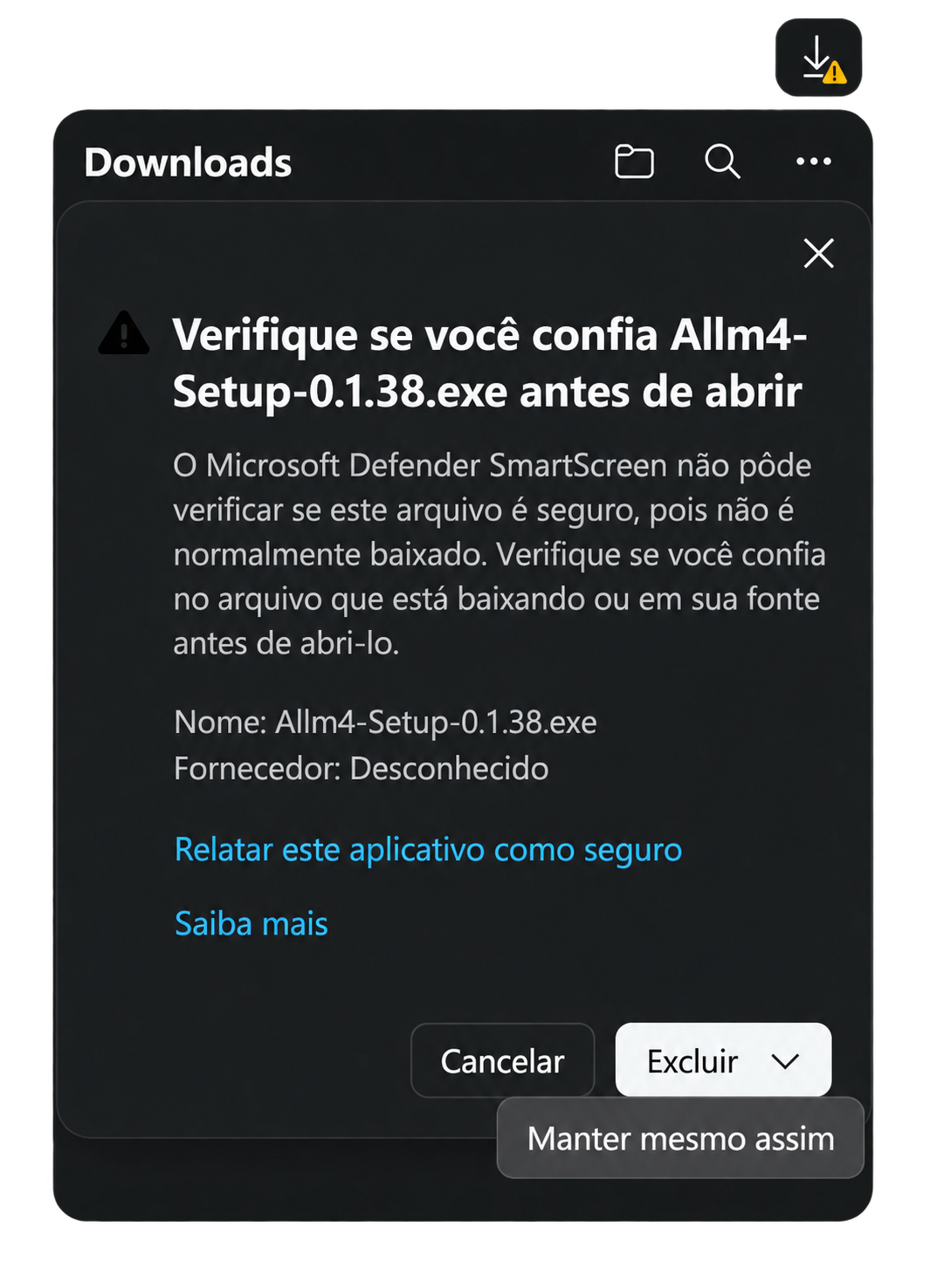 Primeiro aviso de download com a opção Manter mesmo assim
